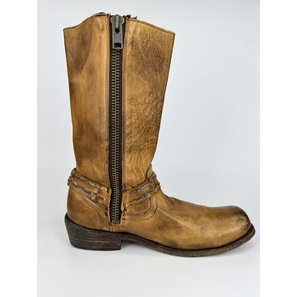 Bed|Stu Glendale Tan Leather Harness Moto Boots Womens 10 Goodyear Welt Boho - Picture 3 of 16